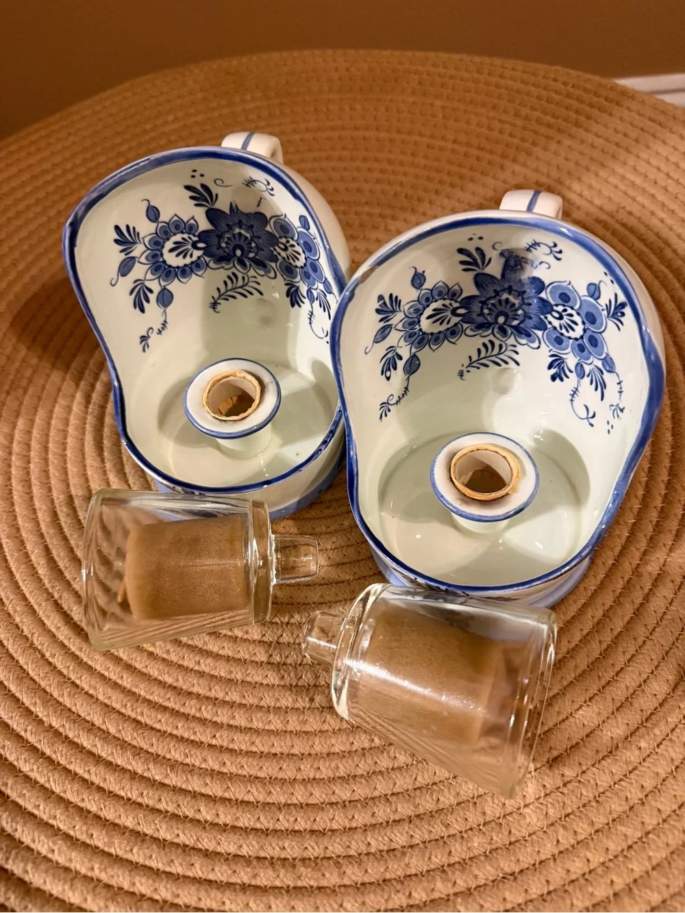 Blue & White Ceramic Votive Candle Holders with Floral Motif - Pair
